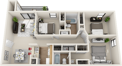 3 bedroom 2 bath floor plan A at St. Johns Forest Apartments, Jacksonville, FL
